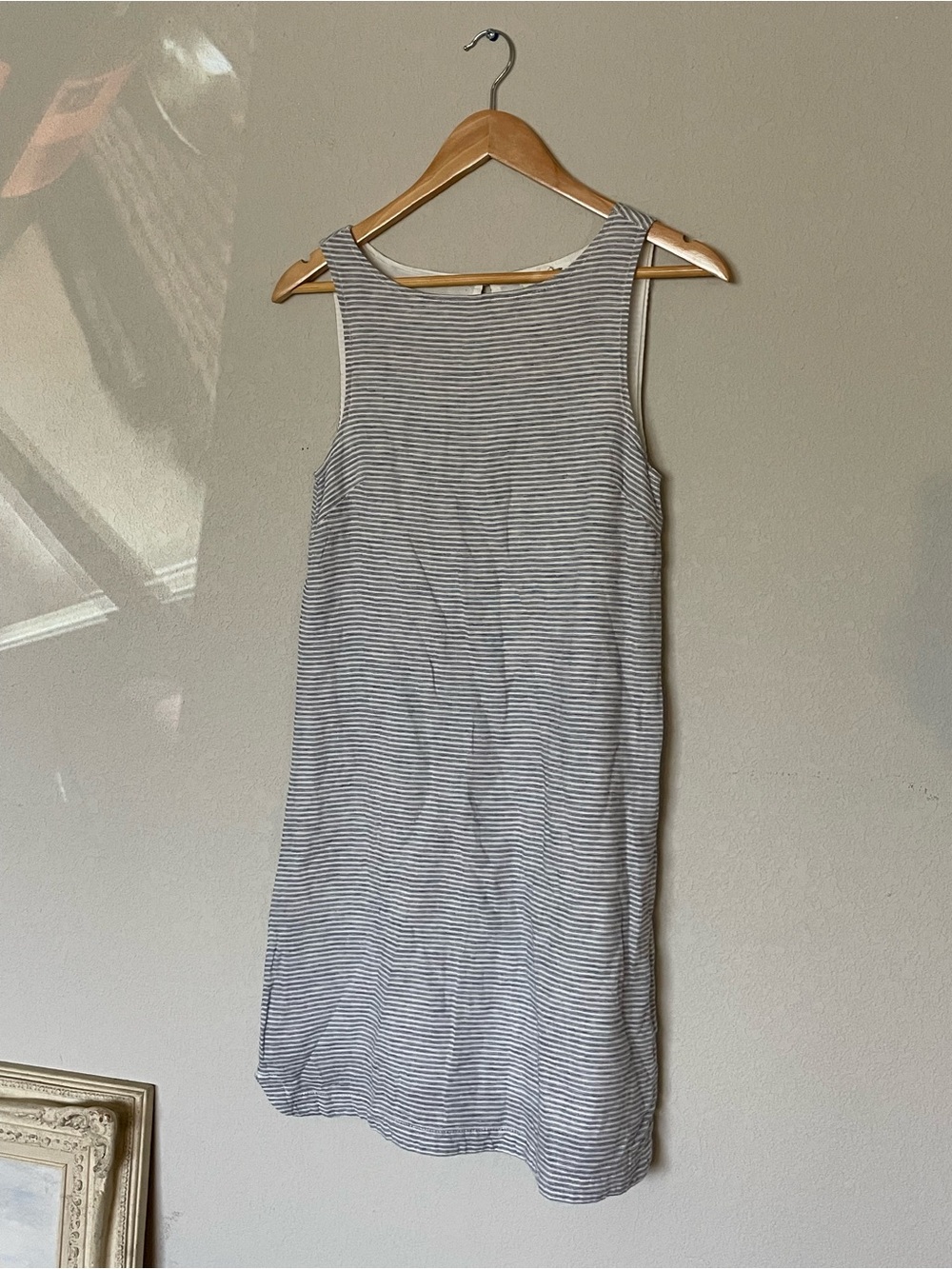 Linen Blend Blue and White Striped Mini Dress Shift Beach Coastal Granddaughter